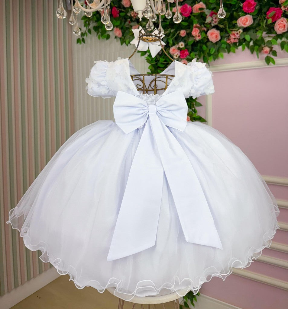 Vestido Infantil Branco em Tecido Tafeta com Laço para Meninas