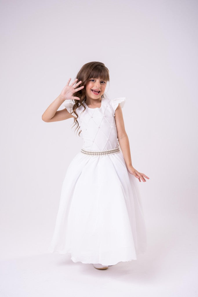 Vestido Longo Off White com Babado de Tule para Festas e Formaturas