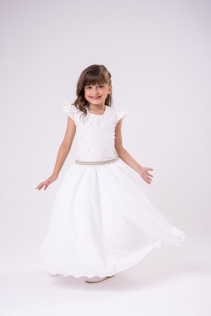 Vestido Longo Off White com Babado de Tule para Festas e Formaturas