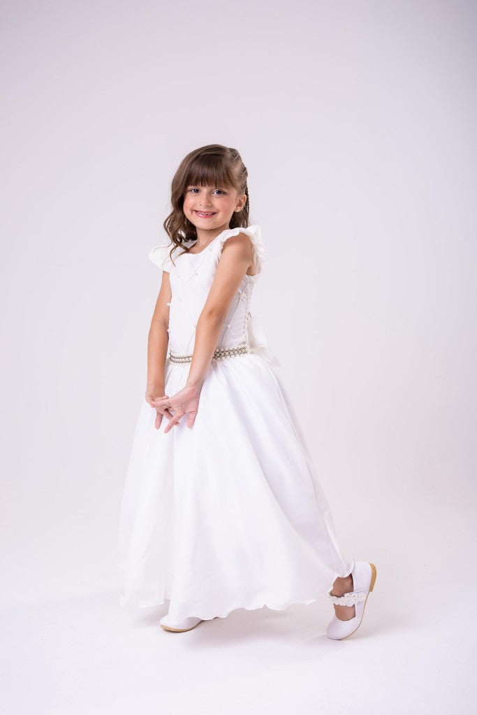 Vestido Longo Off White com Babado de Tule para Festas e Formaturas