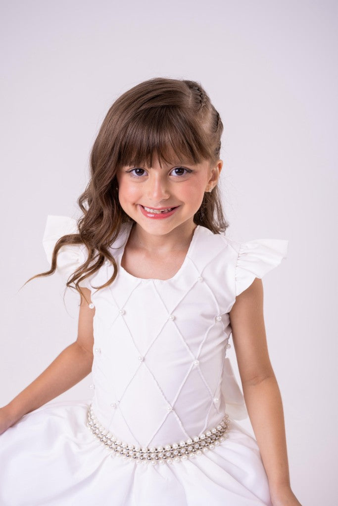 Vestido Longo Off White com Babado de Tule para Festas e Formaturas
