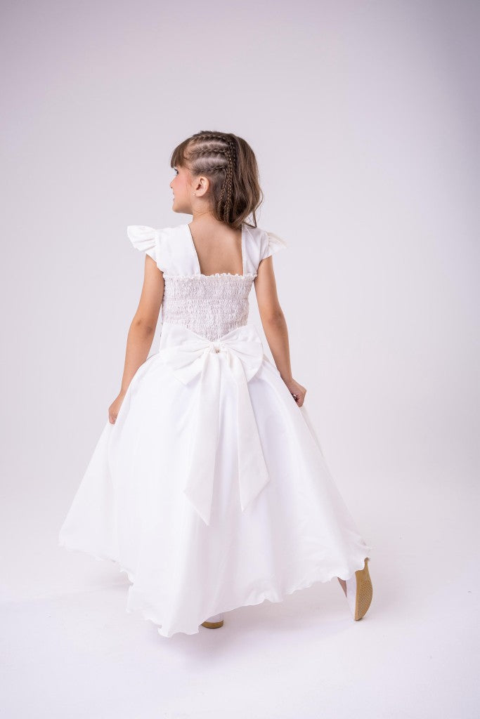 Vestido Longo Off White com Babado de Tule para Festas e Formaturas