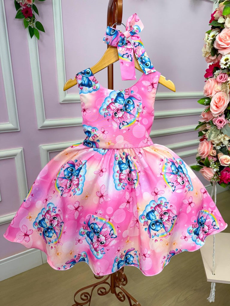 Vestido Infantil Rosa em Tecido 100% Poliéster com Temática Stitch e Angel