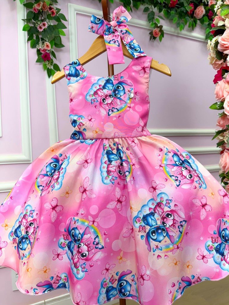 Vestido Infantil Rosa em Tecido 100% Poliéster com Temática Stitch e Angel