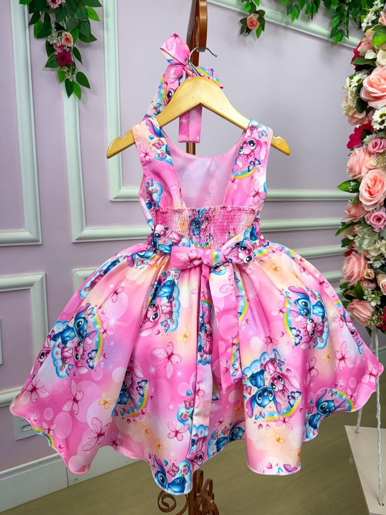Vestido Infantil Rosa em Tecido 100% Poliéster com Temática Stitch e Angel