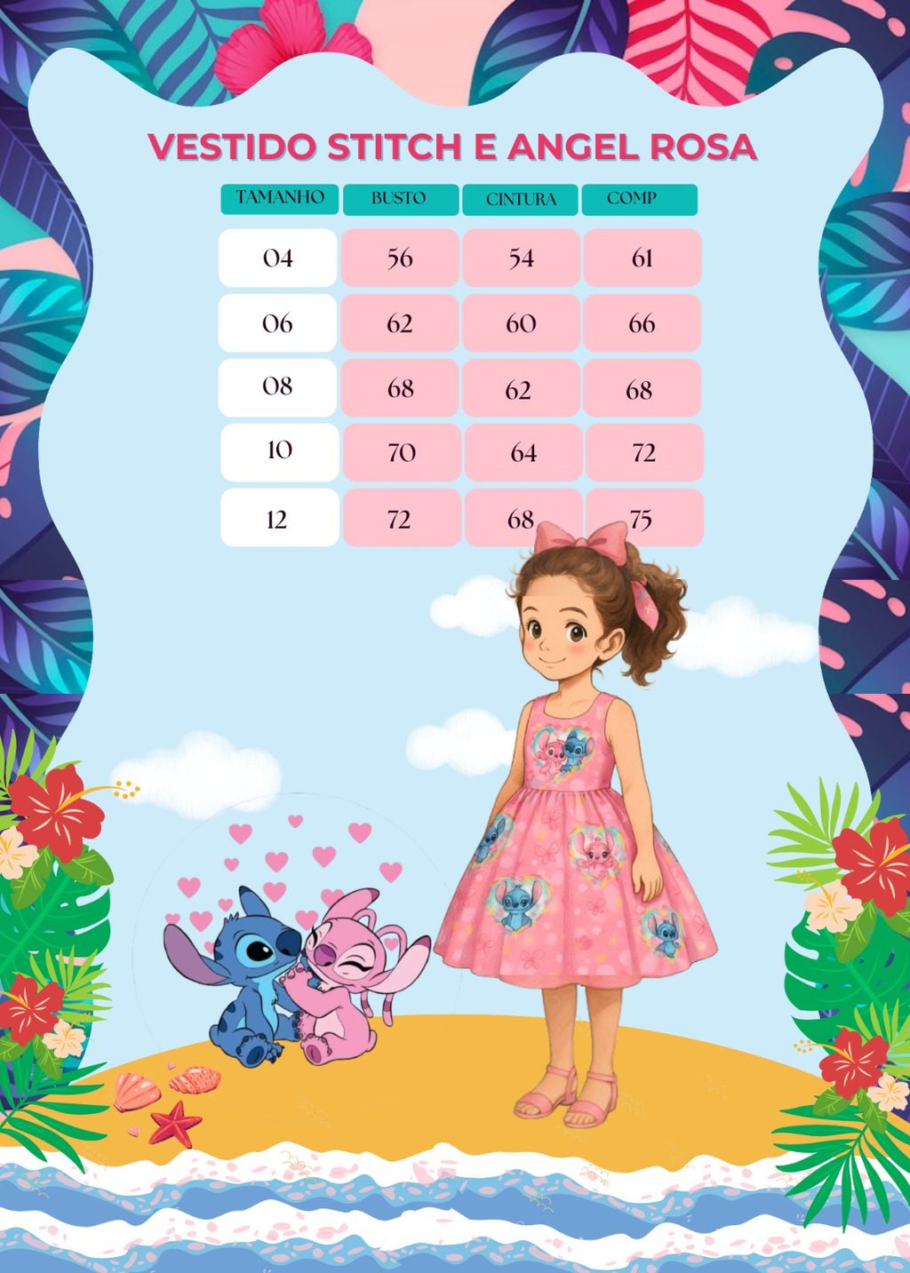 Vestido Infantil Rosa em Tecido 100% Poliéster com Temática Stitch e Angel