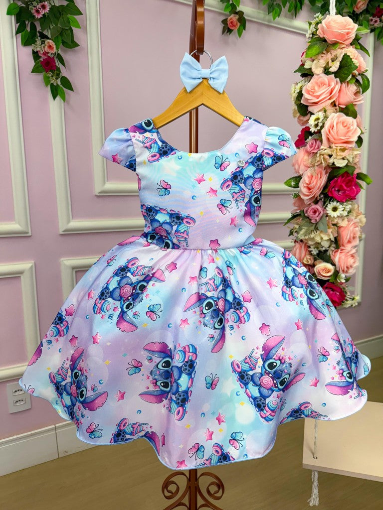 Vestido Infantil Lilás em Tecido 100% Poliéster com Gola Redonda