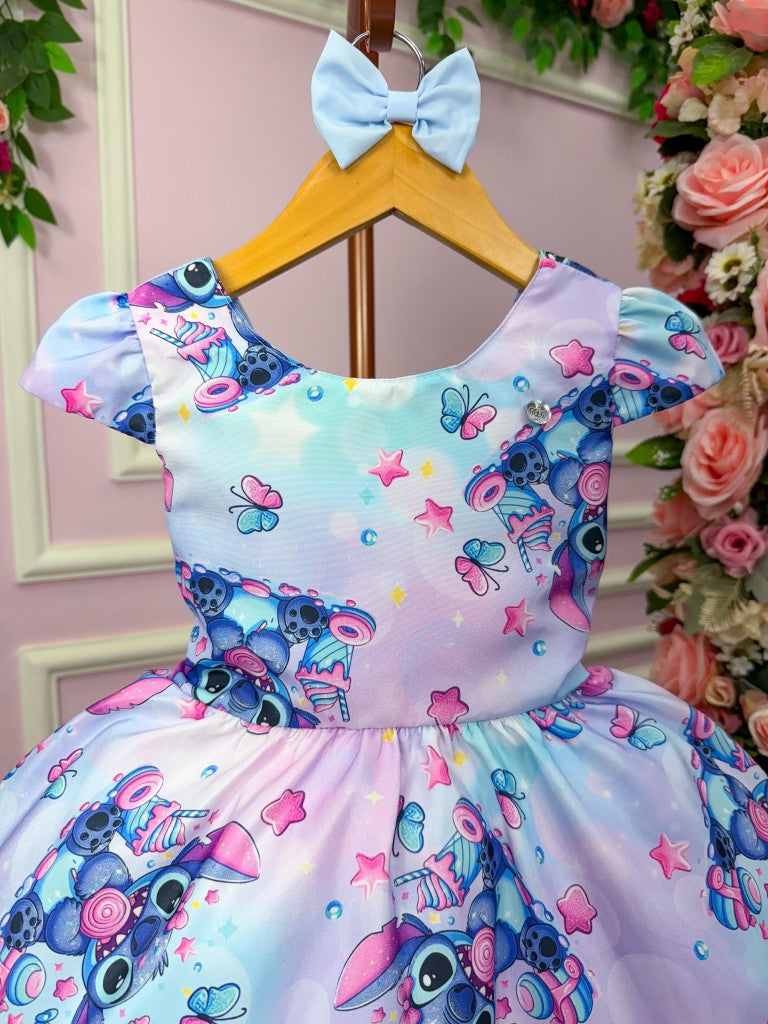 Vestido Infantil Lilás em Tecido 100% Poliéster com Gola Redonda