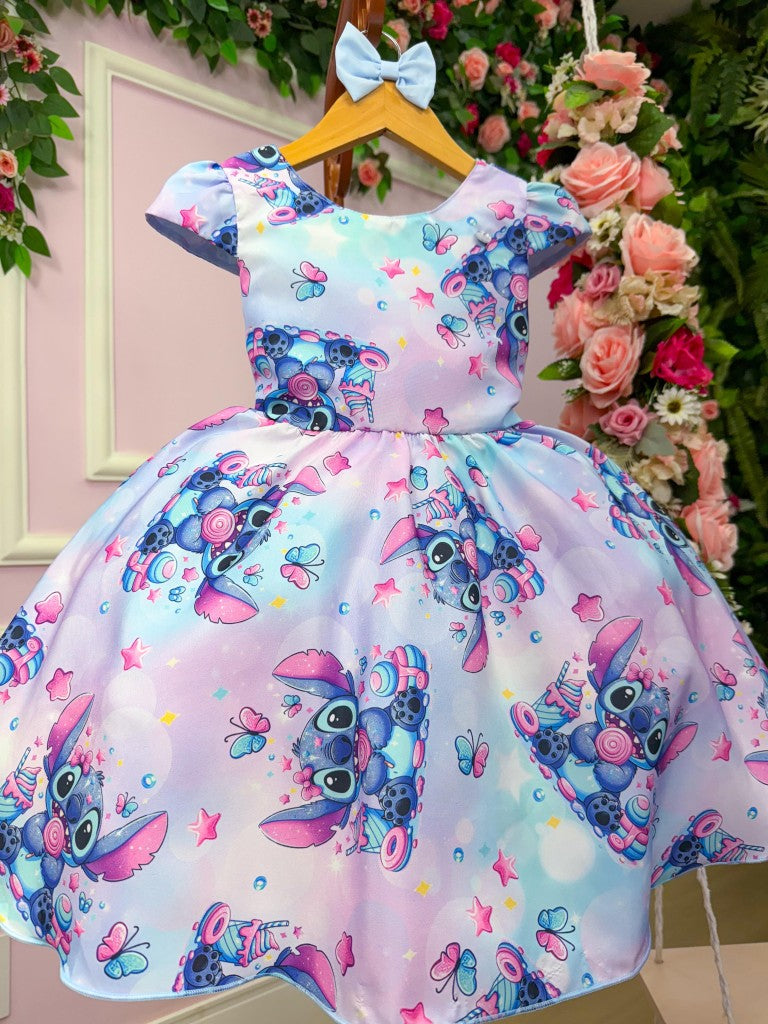 Vestido Infantil Lilás em Tecido 100% Poliéster com Gola Redonda