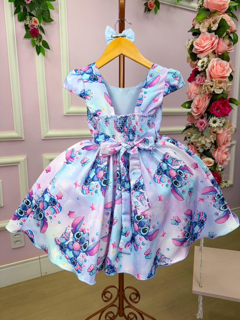 Vestido Infantil Lilás em Tecido 100% Poliéster com Gola Redonda
