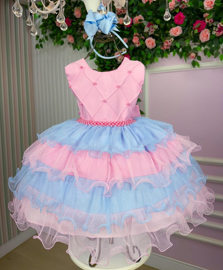 Vestido Colorido Infantil em Poliéster com Babados e Laço