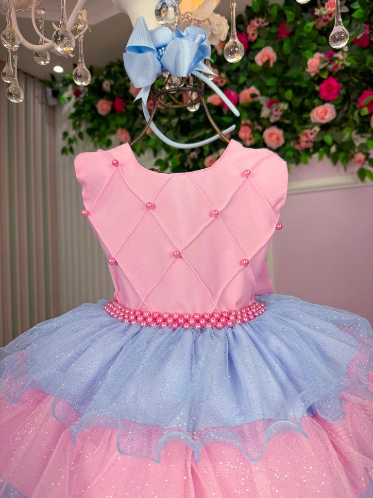 Vestido Colorido Infantil em Poliéster com Babados e Laço