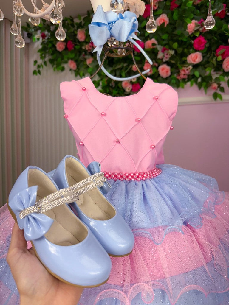 Vestido Colorido Infantil em Poliéster com Babados e Laço