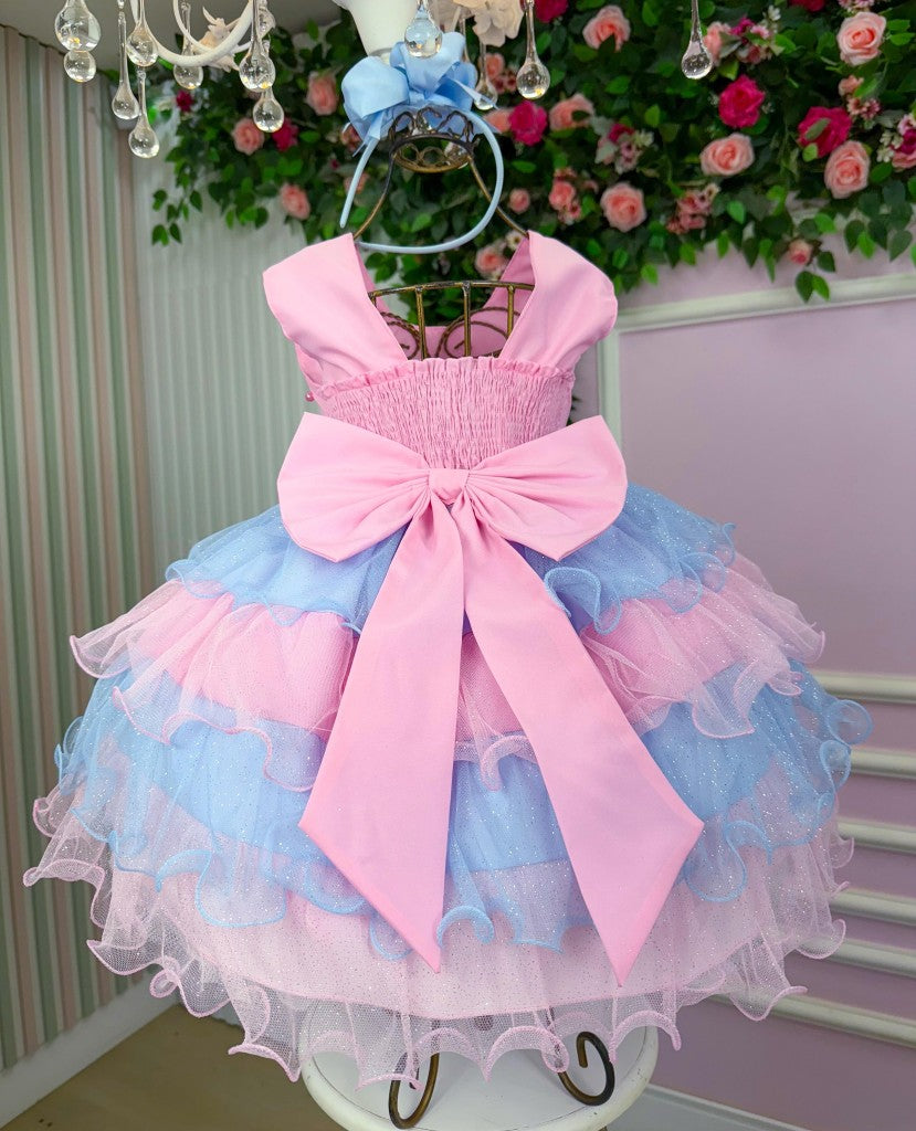 Vestido Colorido Infantil em Poliéster com Babados e Laço
