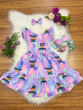 Vestido Infantil Lilo Stitch e Angel C/ Laço Lilás Colorido