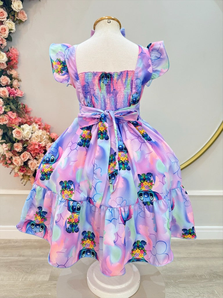 Vestido Infantil Lilo Stitch e Angel C/ Laço Lilás Colorido