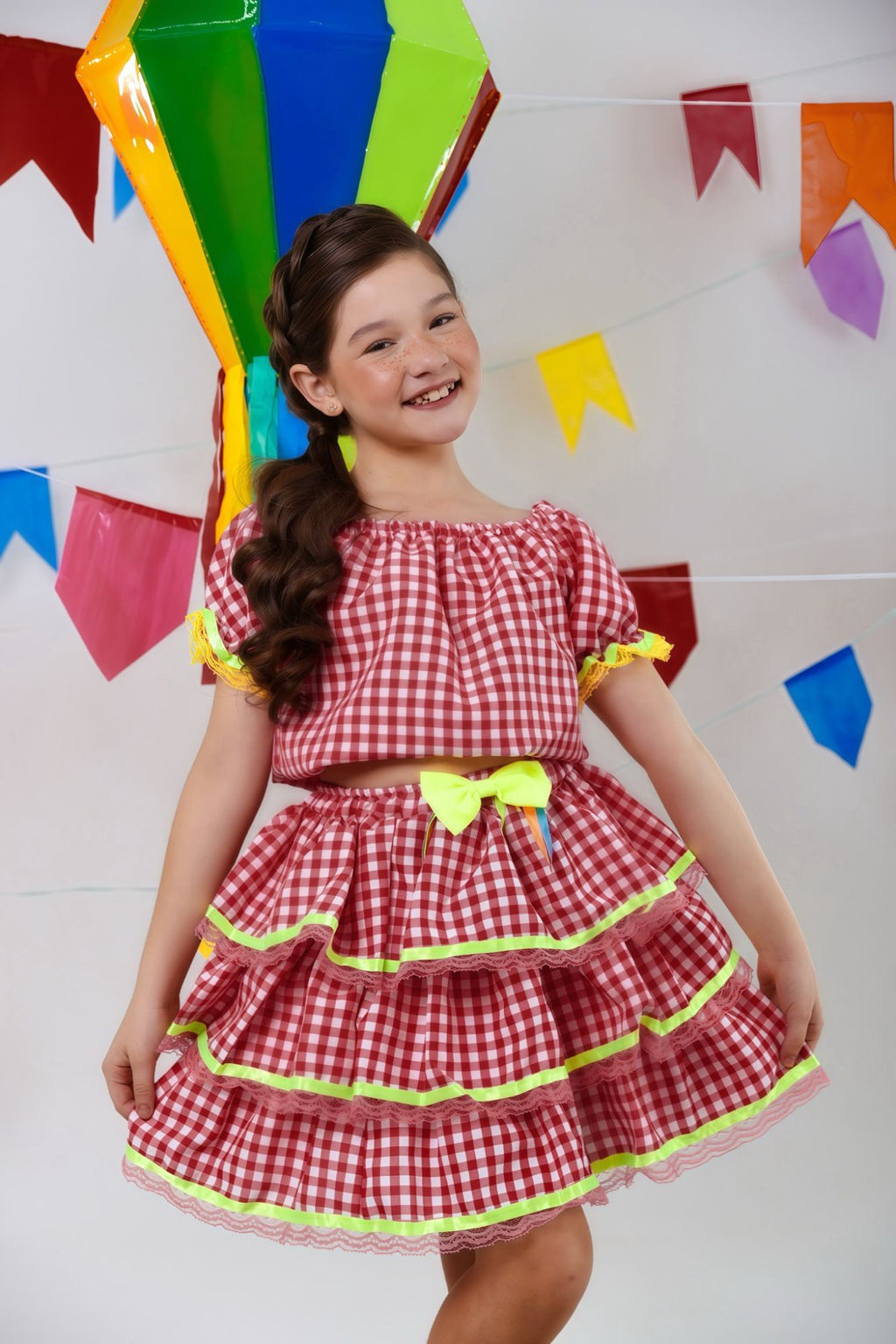 Vestido Festa Junina Vermelho Xadrez Cropped Com Saia