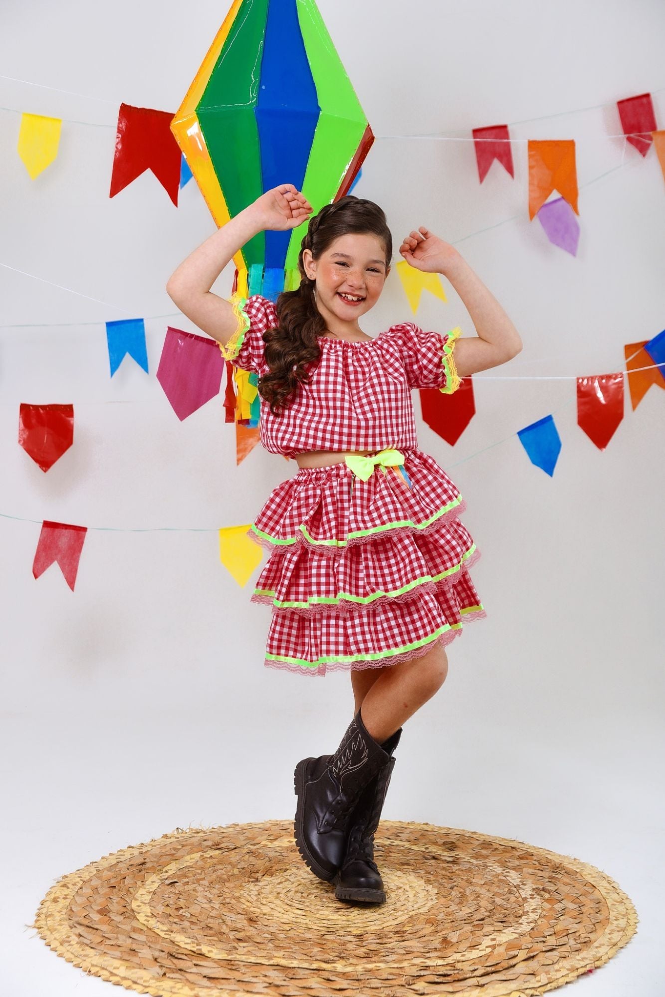Vestido Festa Junina Vermelho Xadrez Cropped Com Saia