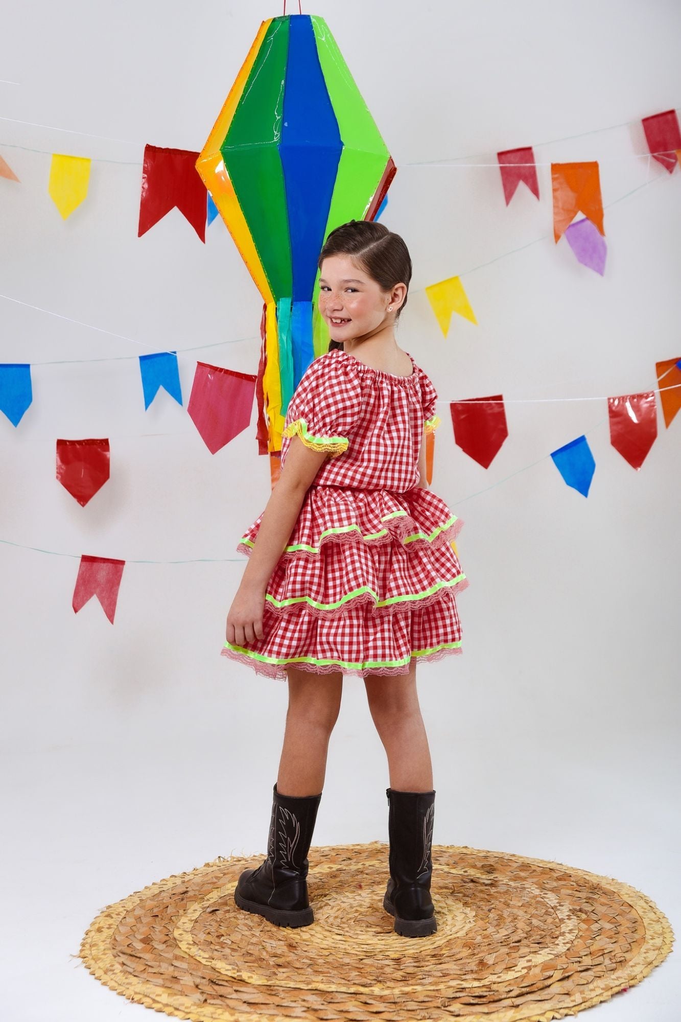Vestido Festa Junina Vermelho Xadrez Cropped Com Saia