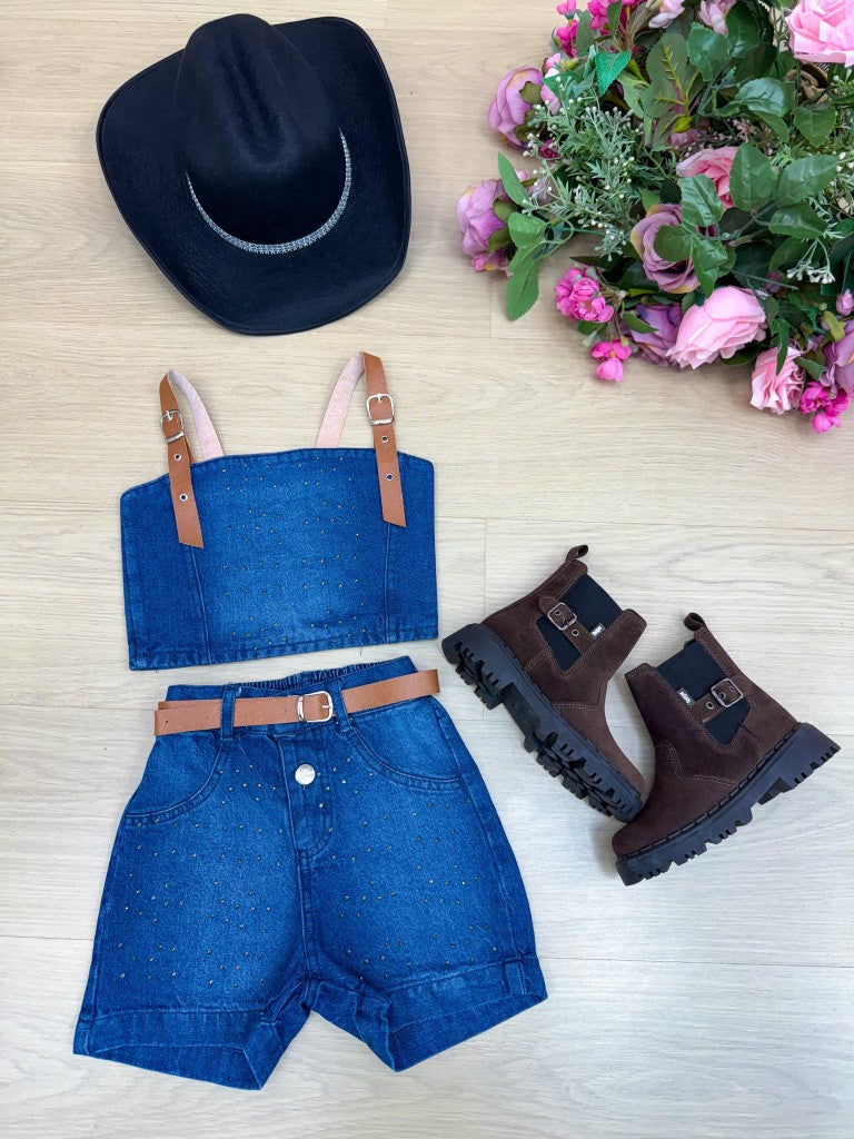 Conjunto Cropped e Short com Cinto para Crianças