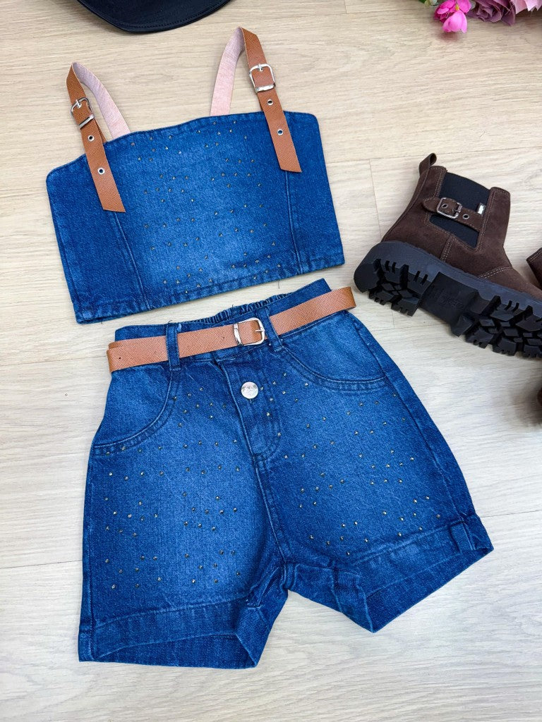 Conjunto Cropped e Short com Cinto para Crianças