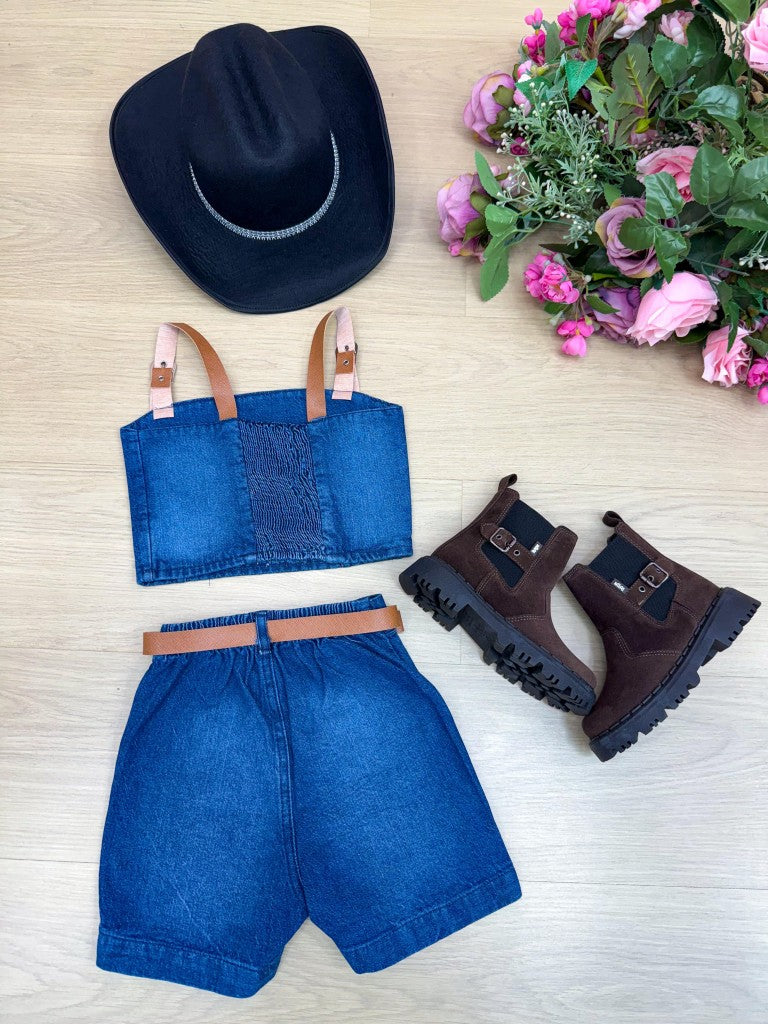 Conjunto Cropped e Short com Cinto para Crianças