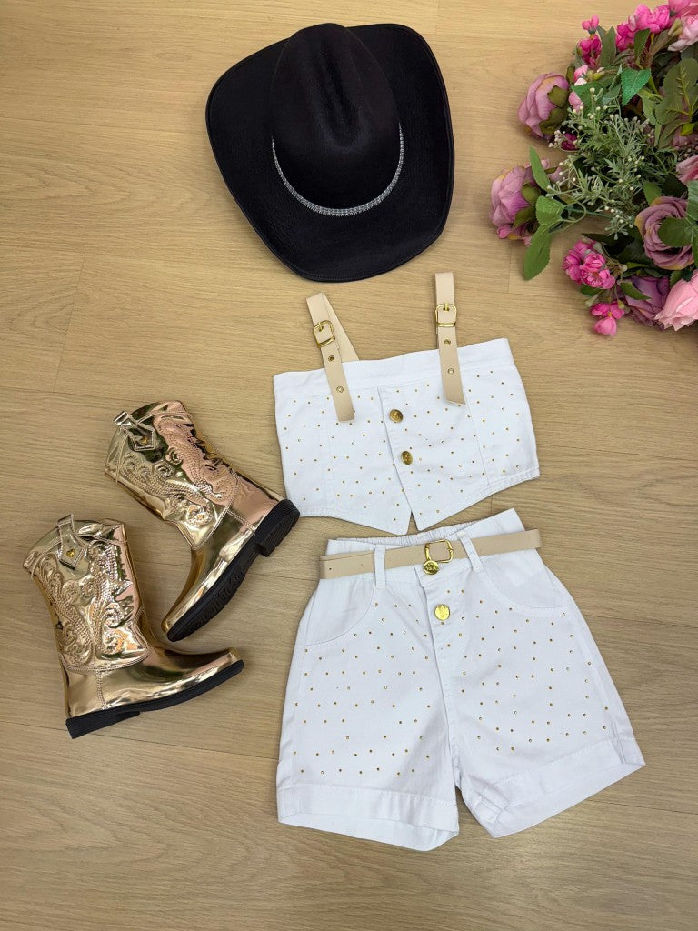 Cropped Branco com Short e Cinto para Crianças