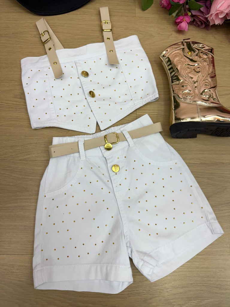 Cropped Branco com Short e Cinto para Crianças