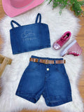 Conjunto Infantil Casual de Blusa e Short Jeans para Menina