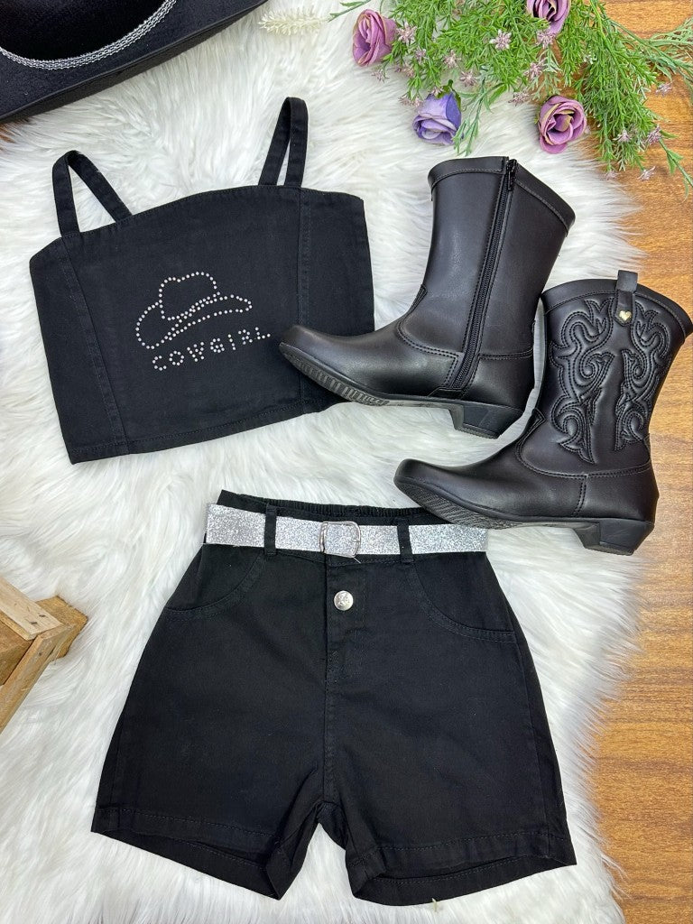 Conjunto Infantil Blusa e Short Sarja Preto Casual
