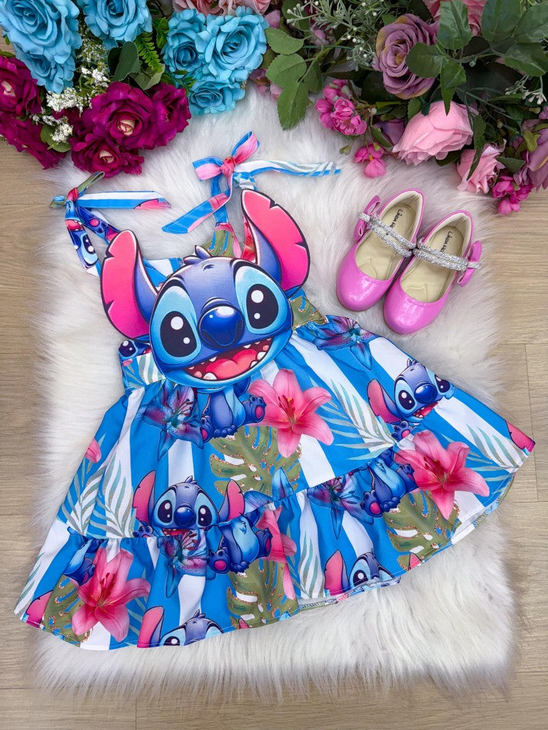 Vestido Azul Temático em Tecido Crepinhos para Crianças