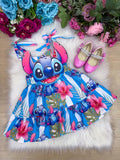 Vestido Azul Temático em Tecido Crepinhos para Crianças