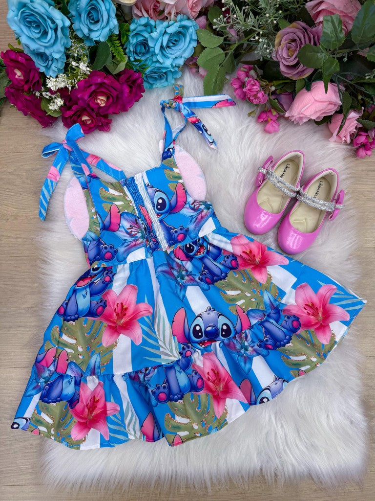Vestido Azul Temático em Tecido Crepinhos para Crianças