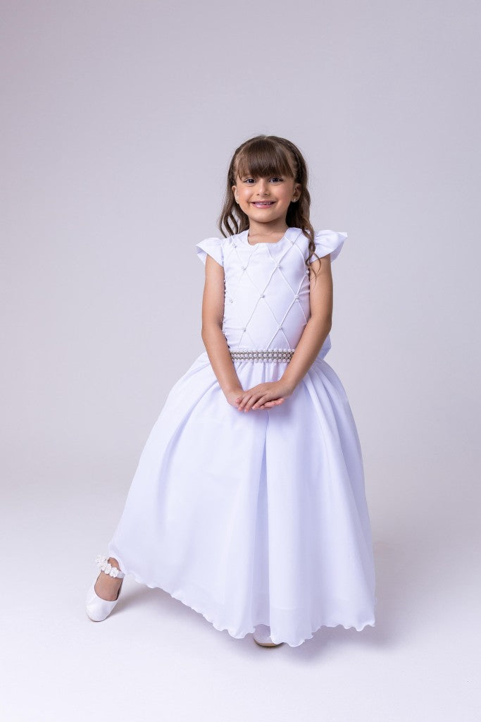 Vestido Longo Branco em Tule e Poliéster com Babado para Festas e Formaturas