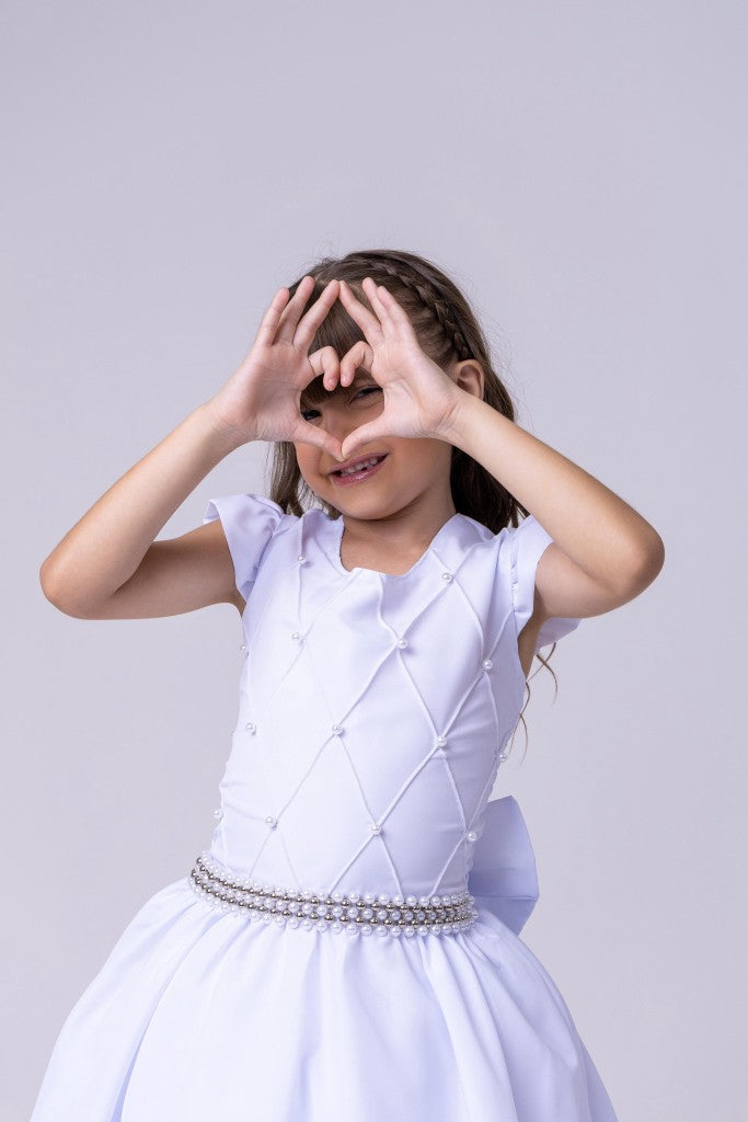Vestido Longo Branco em Tule e Poliéster com Babado para Festas e Formaturas