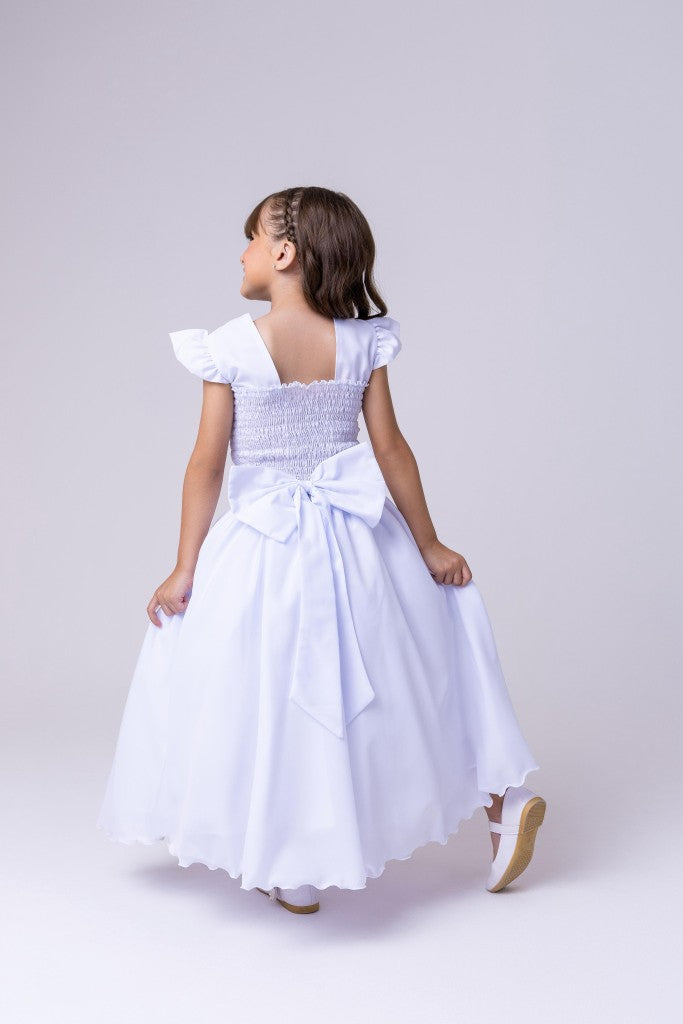 Vestido Longo Branco em Tule e Poliéster com Babado para Festas e Formaturas