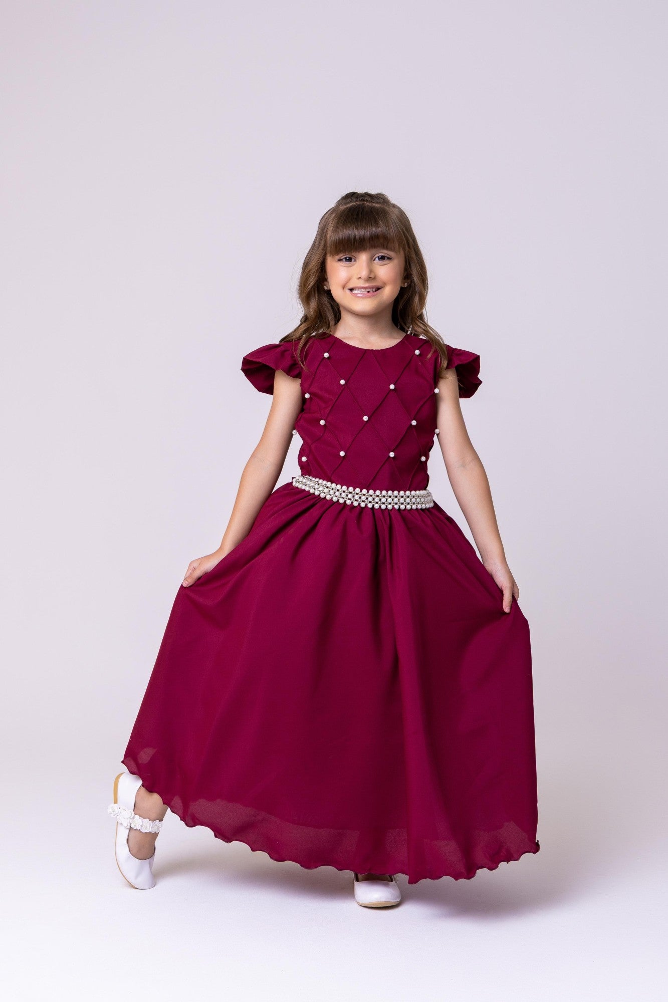 Vestido Longo Marsala em Poliéster com Babado Tule para Festas e Formaturas