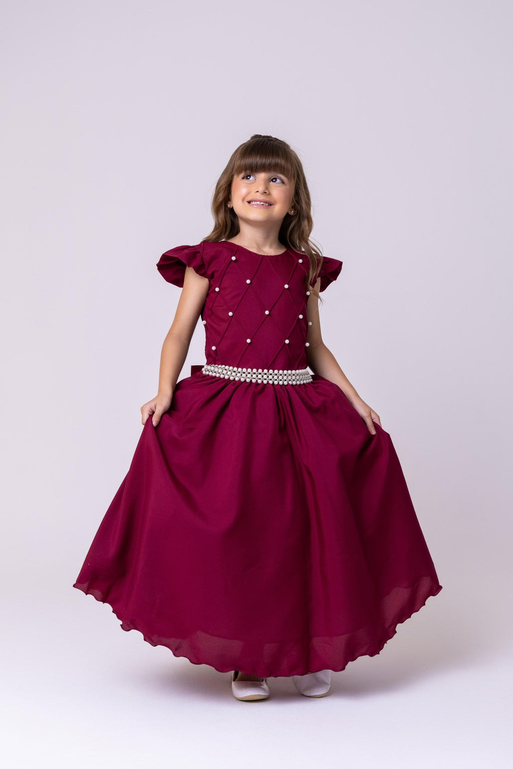Vestido Longo Marsala em Poliéster com Babado Tule para Festas e Formaturas