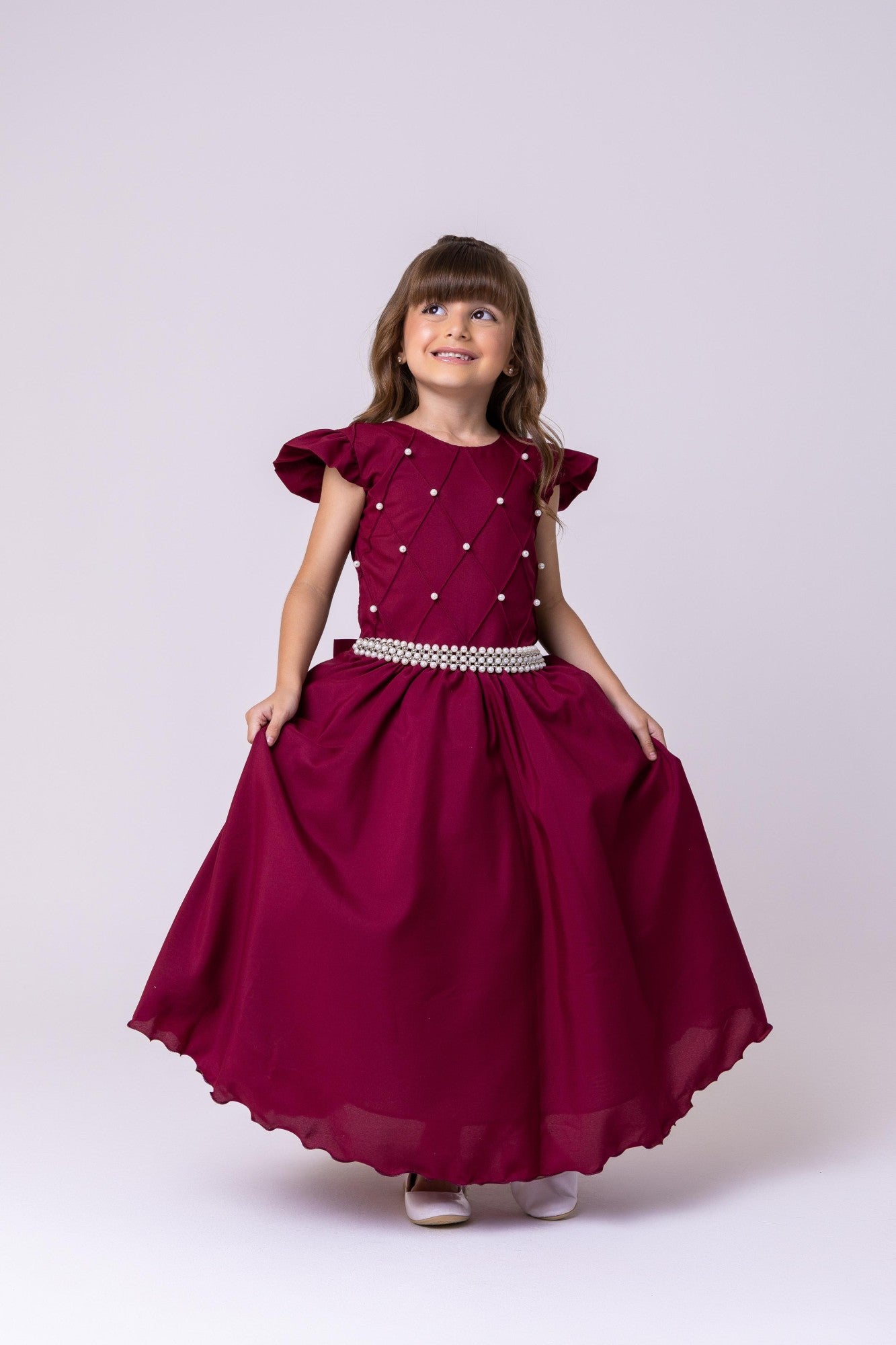 Vestido Longo Marsala em Poliéster com Babado Tule para Festas e Formaturas