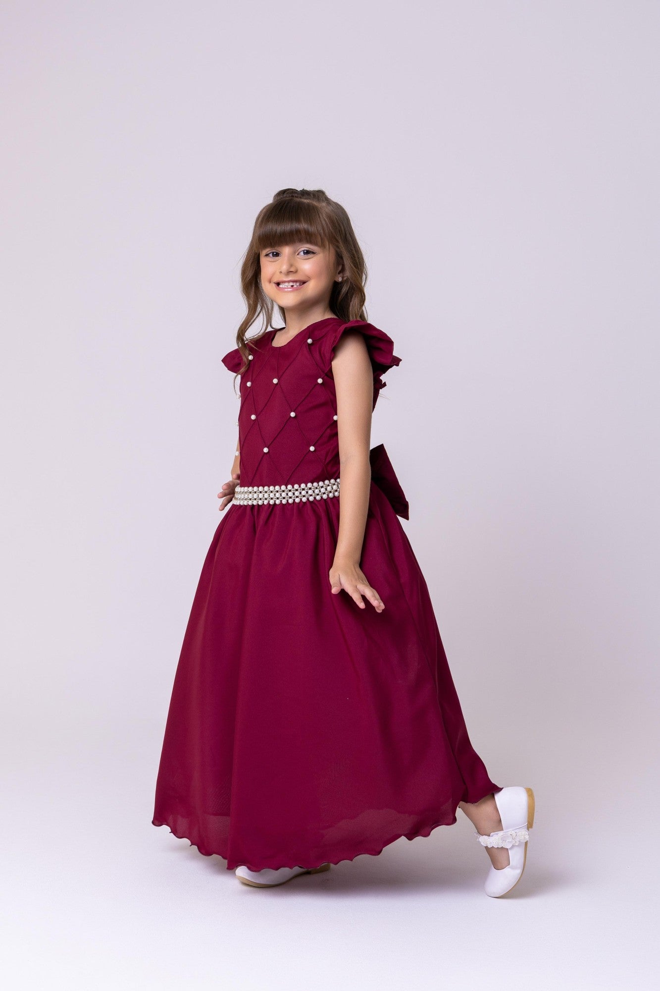 Vestido Longo Marsala em Poliéster com Babado Tule para Festas e Formaturas