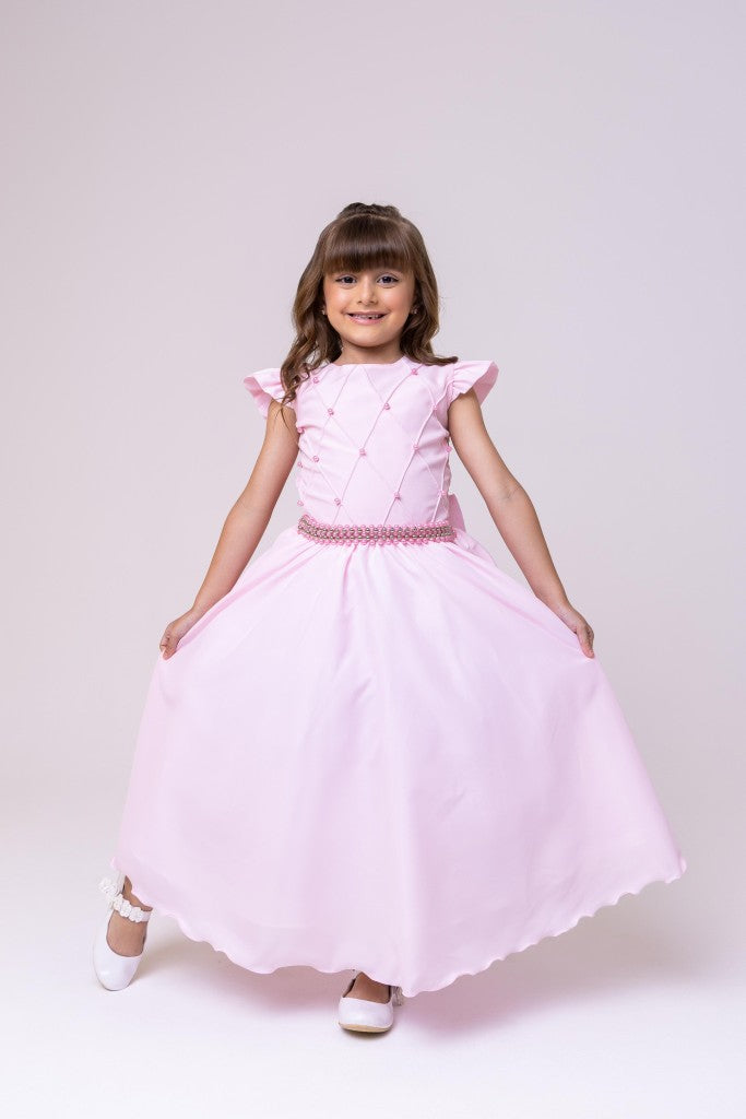 Vestido Longo Rosa Bebê em Tule com Babado para Festas e Formaturas