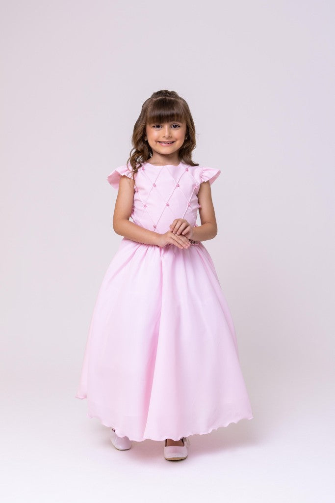 Vestido Longo Rosa Bebê em Tule com Babado para Festas e Formaturas