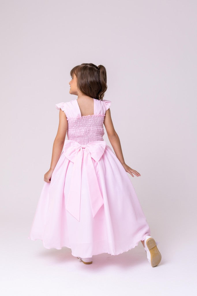 Vestido Longo Rosa Bebê em Tule com Babado para Festas e Formaturas