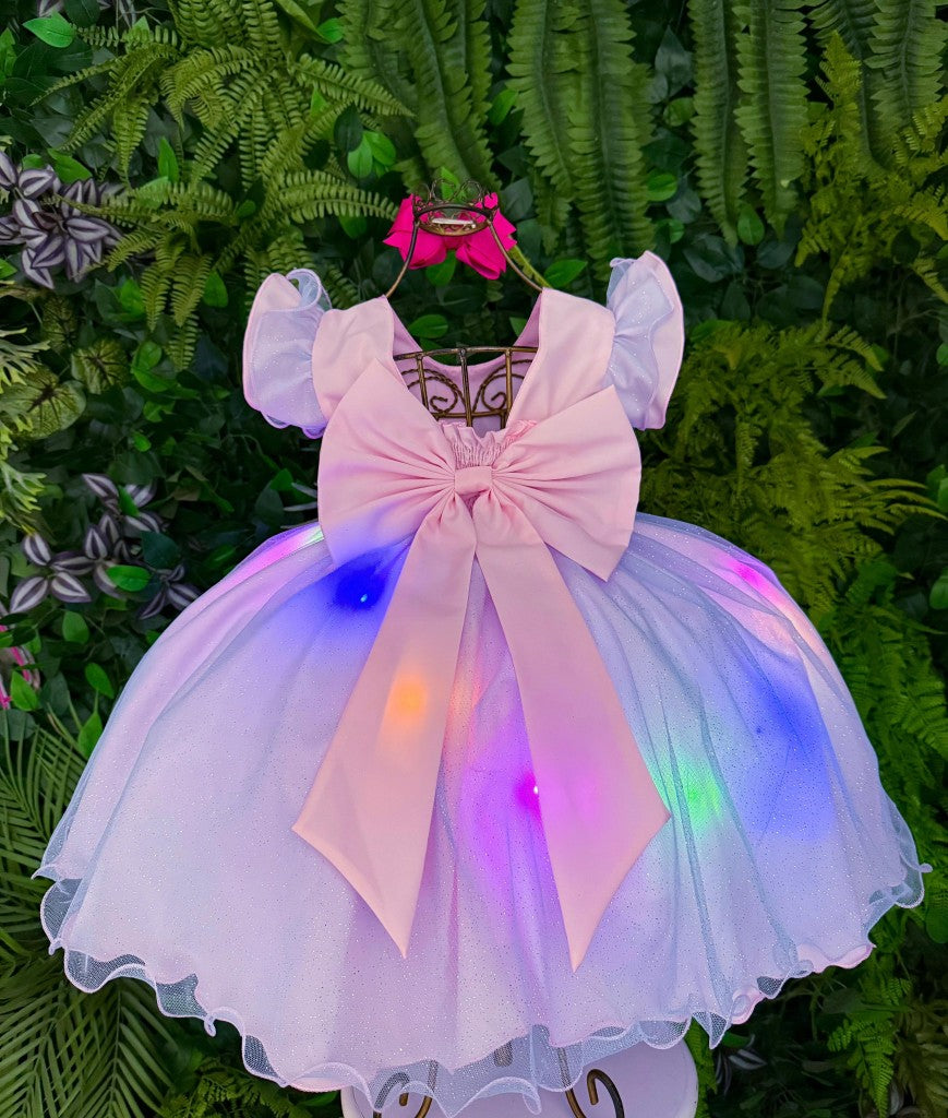 Vestido Temático Rosa Bebê com LED e Estampa do Stitch e Angel
