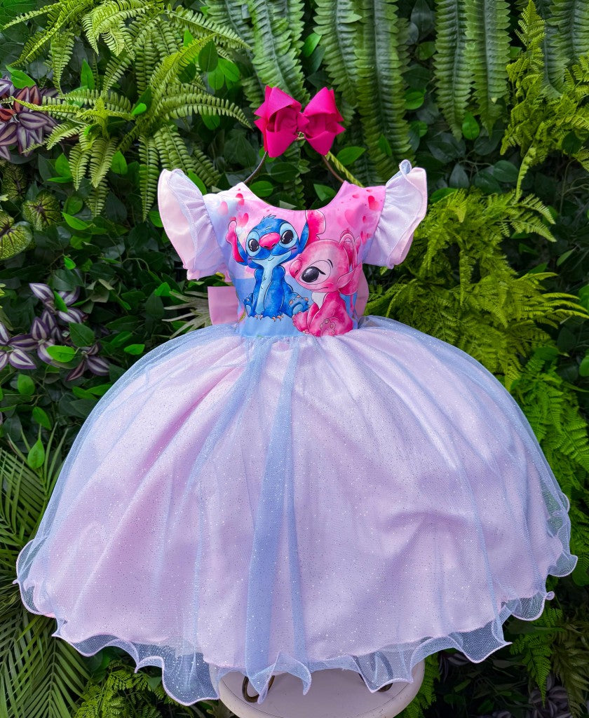 Vestido Temático Rosa Bebê com LED e Estampa do Stitch e Angel