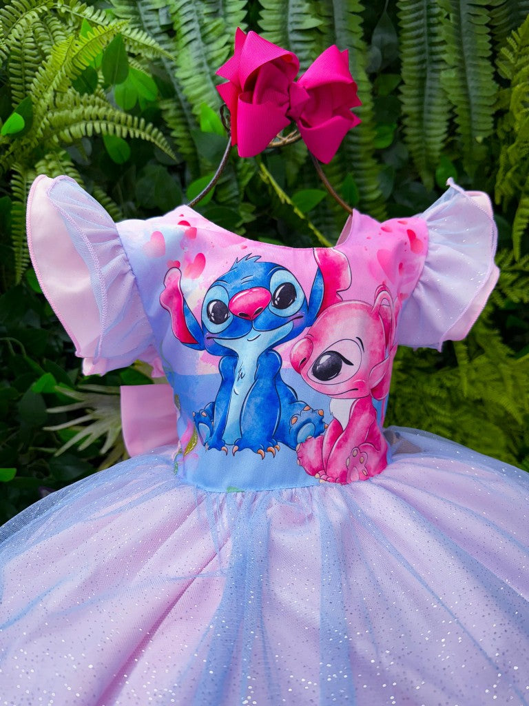 Vestido Temático Rosa Bebê com LED e Estampa do Stitch e Angel