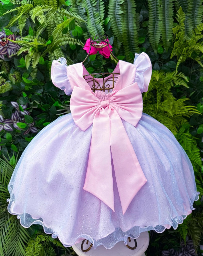 Vestido Temático Rosa Bebê com LED e Estampa do Stitch e Angel