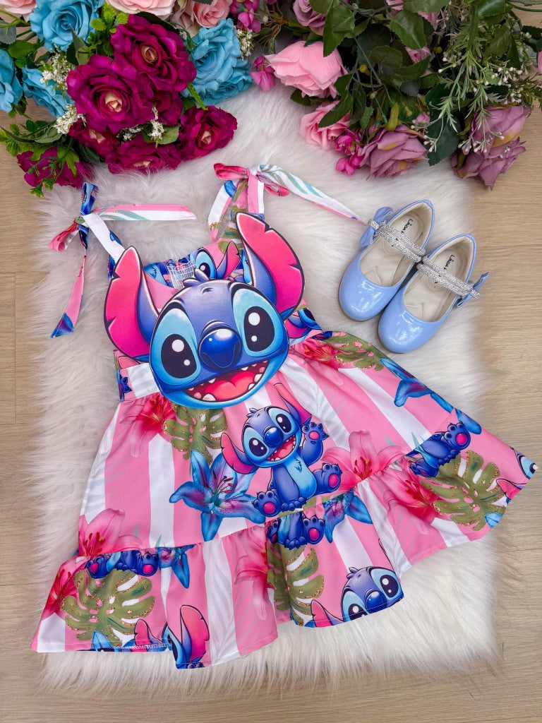 Vestido Rosa Temático em Tecido Crepinho para Crianças