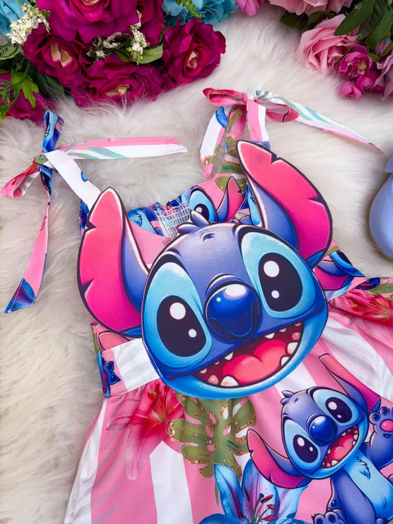 Vestido Rosa Temático em Tecido Crepinho para Crianças