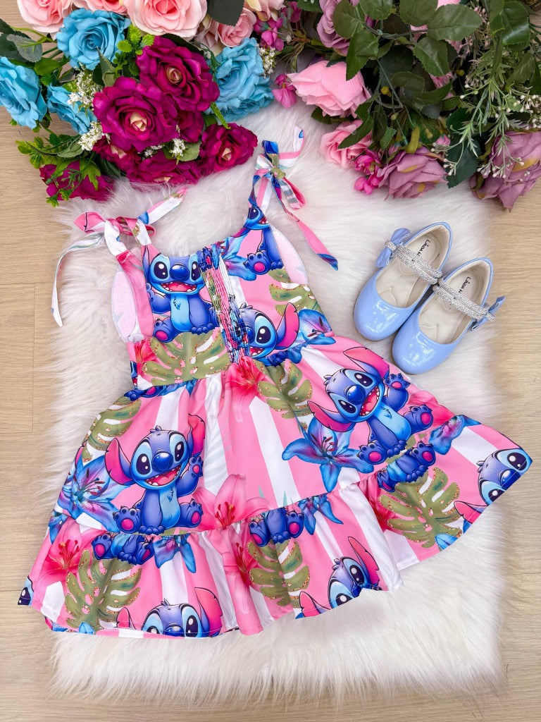 Vestido Rosa Temático em Tecido Crepinho para Crianças